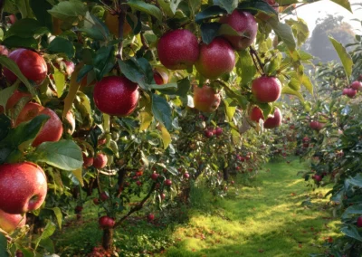 Ripe red apples on a branch in the orchard, bathed in morning sunlight